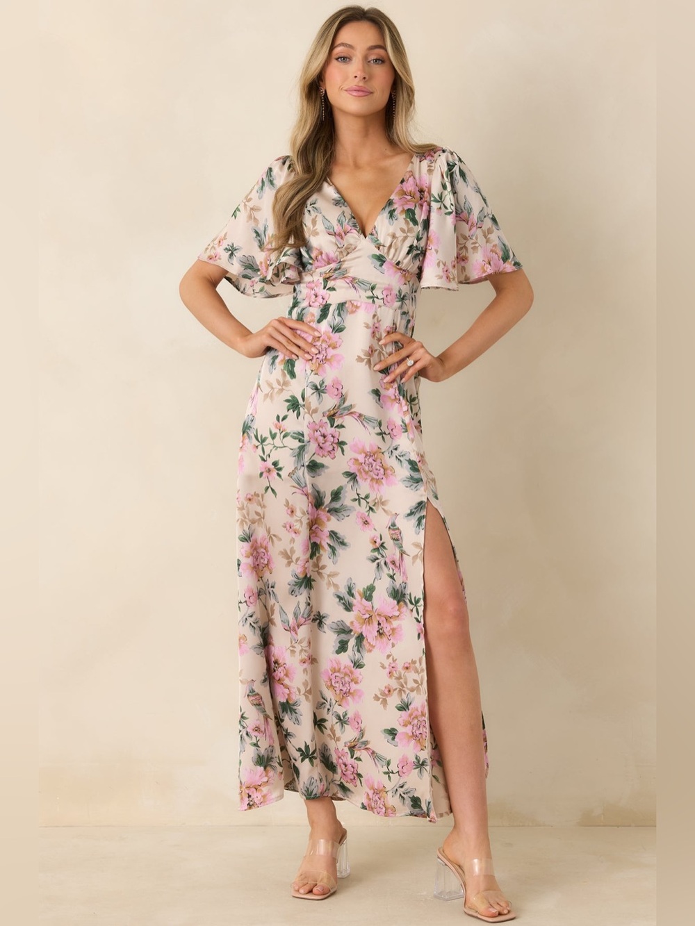 Dress Forum Morning Meadow Romance Floral Maxi Dress Ivory Pink Slit NWT Small - Picture 5 of 15